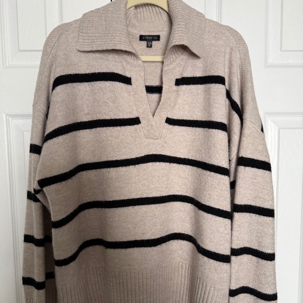 Dynamite Beige and Black Striped V-Neck Sweater